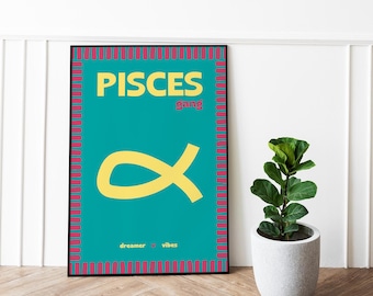 Pisces sign poster – Fun and colorful astro poster – “Pisces Gang” zodiac illustration – Pop vibes astrology decor – Astro sign poster