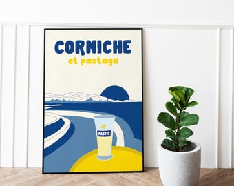 Marseille Poster – Corniche and Pastaga – Southern Illustration – Pastis Aperitif Poster – Wall Decoration – Southern Gift Idea