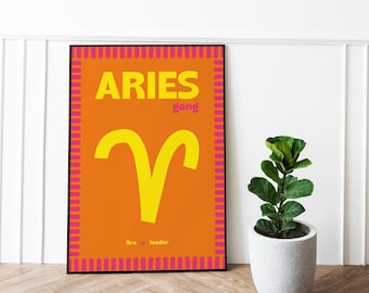 Aries sign poster – Fire & leader zodiac poster “Aries gang” – Flashy orange astrological decor – Punchy astro gift