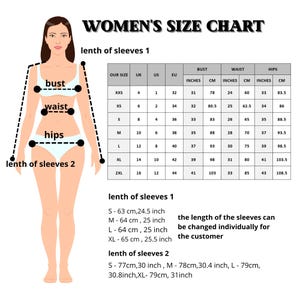 May include: A women's size chart with bust, waist, and hip measurements in inches and centimeters. The chart includes sizes from XXS to 2XL, with sleeve length measurements in inches and centimeters. The text "WOMEN'S SIZE CHART" is at the top.