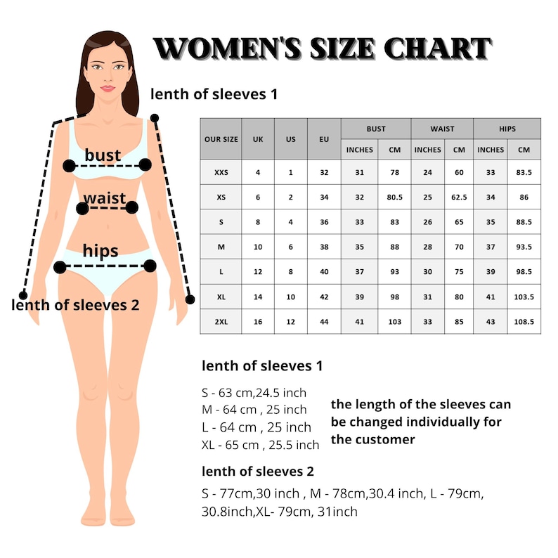 May include: A women's size chart with bust, waist, and hip measurements in inches and centimeters. The chart includes sizes from XXS to 2XL, with sleeve length measurements in inches and centimeters. The text "WOMEN'S SIZE CHART" is at the top.