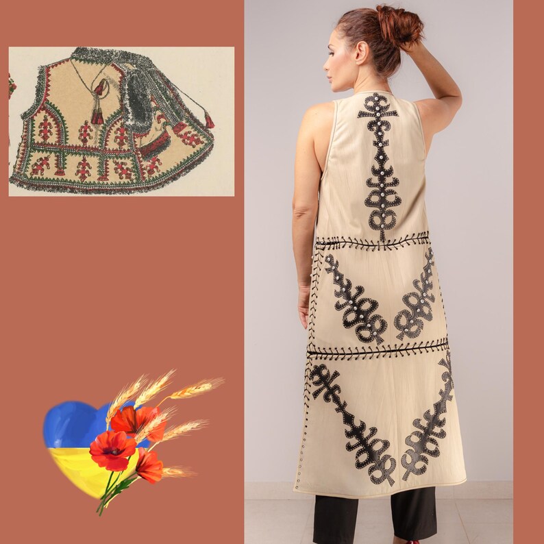 May include: A long, beige sleeveless vest featuring black embroidered floral patterns. The vest, reaching the ankles, has detailed back designs. An illustration of a similar vest is on the left. The image also includes a Ukrainian flag and flowers.