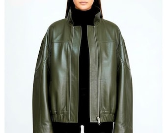 Handmade Olive Leather Zip-Up Jacket — Oversized Lined Designer Piece