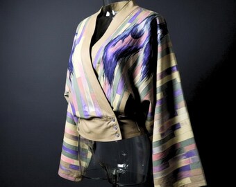 Oversized Suede Leather Kimono Jacket for Women — Patchwork Goat Leather, Hand-Painted, Handmade, Unique Piece
