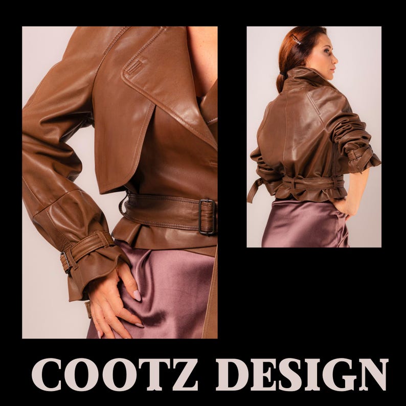 May include: A brown leather jacket with a belted waist and ruffled hem. The jacket features a classic collar and button details on the sleeves. The image also includes the text "COOTZ DESIGN" in a bold font.