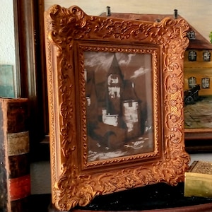 Antico acquerello datato 1849 e firmato Chateau France, dipinto Gouchè in bianco e nero su carta Gaouche in antica cornice di legno con dedica