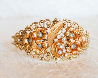 Rhinestone & Flower Gold Filigree Bracelet - Cuff, Vintage Repurposed