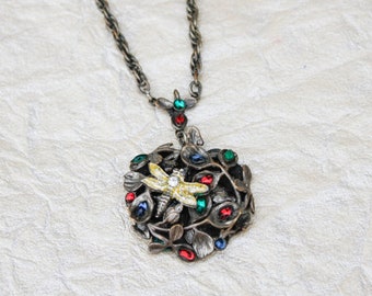 Leaves & Jewels Pendant with Dragonfly - Necklace in Antique Silver, Red, Green, Blue