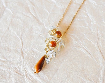 Caramel Cat-eye & Gold Vintage Pendant Necklace -  Teardrop, Leaves, Silver