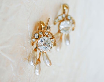 Vintage Pearl & Rhinestone Cluster Gold Earrings - Repurposed, Crystal, One of a Kind