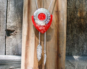 Red Tribal Boho Necklace in Silver - Vintage Pendant, Feathers, Dangle, Geometric