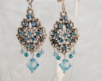 Blue Chandelier Earrings in Silver with Swarovski Crystals - Filigree, Wedding Elegance