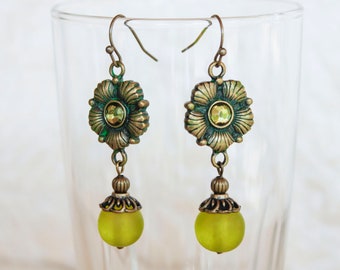 Green Flower Art Nouveau Style Drop Earrings - Elegant, Peridot, Recycled Glass