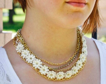 Vintage White Flower & Rhinestone in Gold Necklace - Multi Strand Chain