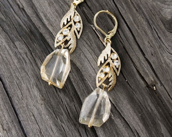 Gold Leaves & Crystals Drop Earrings - Vintage, Rhinestones, Repurposed Jewelry