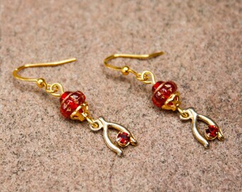 Lucky Red and Gold Wishbone Charm Earrings - Vintage, Rhinestone, Crimson