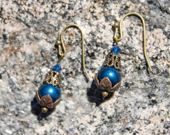 Teal Blue Pearl Drop Earrings - Antique Brass, Filigree, Petrol
