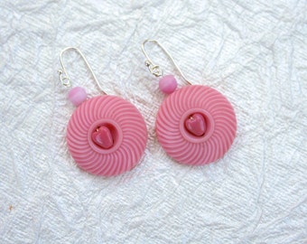 Pink Vintage Button Earrings - Heart, Swirl, Silver, Dangle