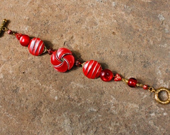 Vintage Red & Gold Bracelet - Repurposed, One of a Kind, Cabochon