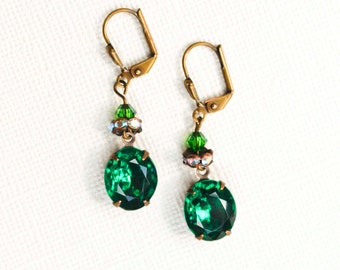 Emerald Rhinestone Drop Earrings - Vintage Style, Formal, Hollywood