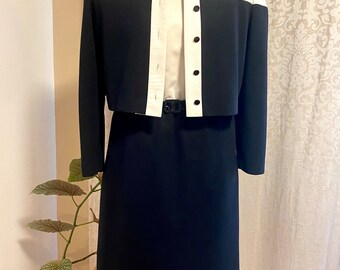 Black & Ivory Leslie Faye Dress with Jacket Vintage Suit, Sheath Dress, Large