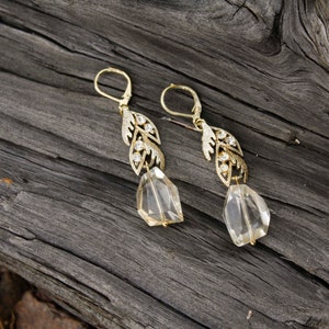 Gold Leaves & Crystals Drop Earrings Vintage, Rhinestones, Repurposed Jewelry image 5