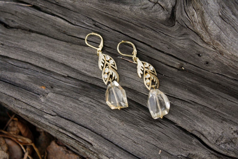 Gold Leaves & Crystals Drop Earrings Vintage, Rhinestones, Repurposed Jewelry image 5