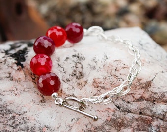 Pink Agate Stone and Silver Chain Bracelet - Chunky, Fuchsia, Asymmetrical