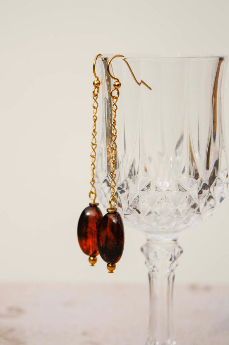 Tortoise Drop Earrings in Gold Delicate Infinity Chain, Bead, Brown image 4