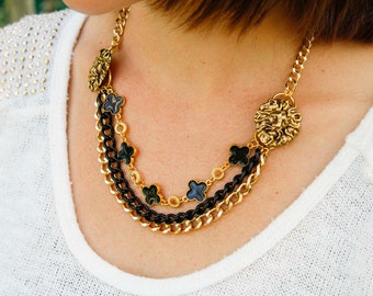 Lions Triple Strand Necklace in Black & Gold - Repurposed Vintage, Quatrefoil, Statement