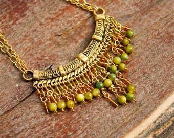 Green & Gold Bohemian Bib Statement Necklace - Shell Beads