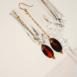Tortoise Drop Earrings in Gold Delicate Infinity Chain, Bead, Brown image 1