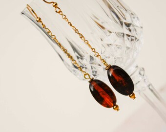 Tortoise Drop Earrings in Gold - Delicate Infinity Chain, Bead, Brown