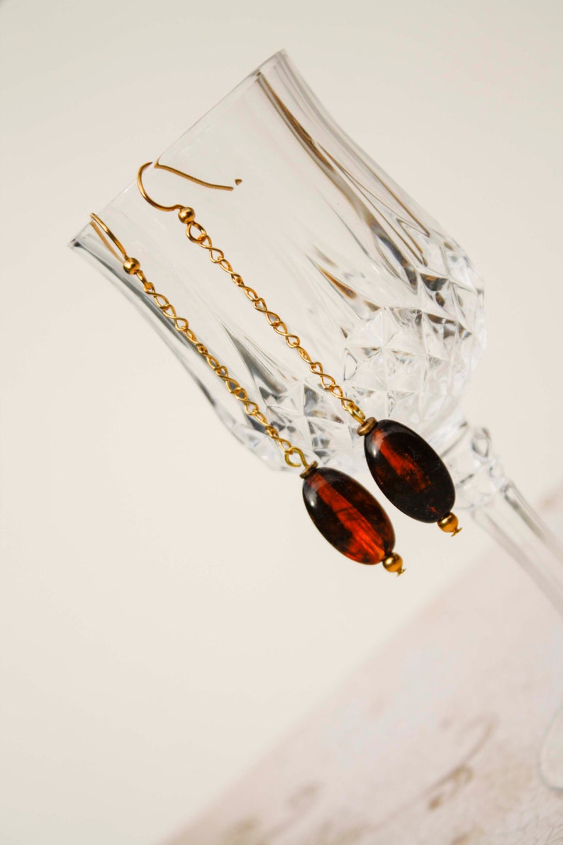 Tortoise Drop Earrings in Gold Delicate Infinity Chain, Bead, Brown image 1