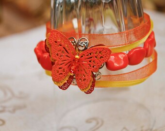 Orange Butterfly Filigree Bracelet - Multi-Strand, Red, Yellow