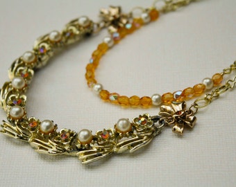 Topaz & Pearl Vintage Component Gold Necklace - Elegant Multi-Strand, Bow, Crystal, Flower