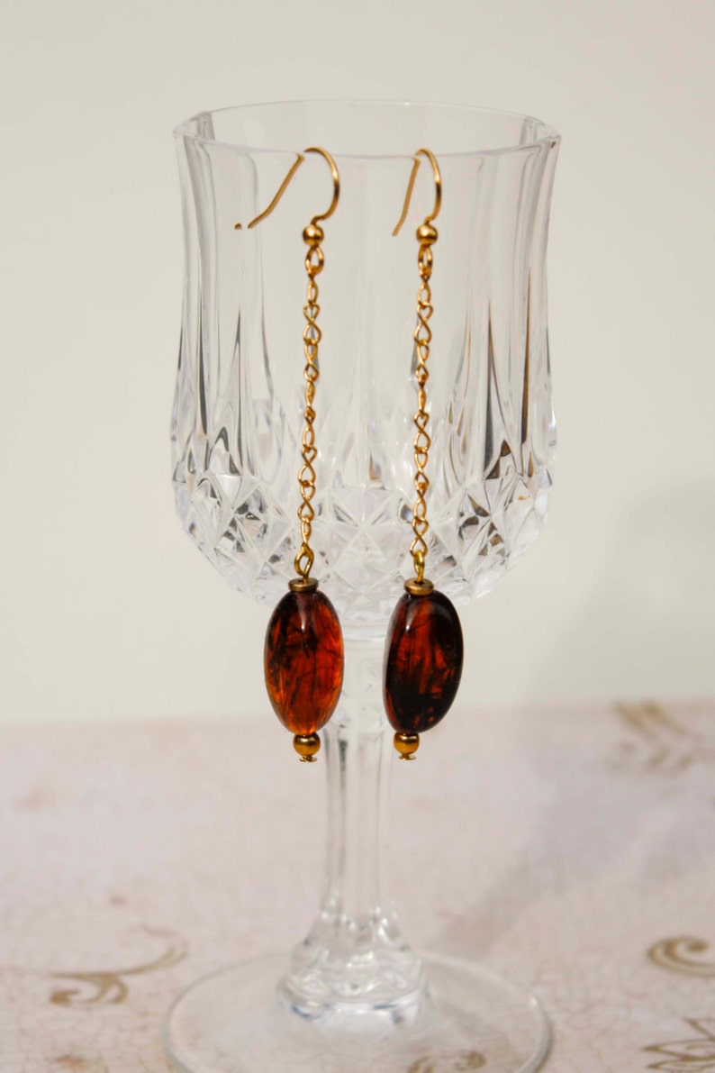 Tortoise Drop Earrings in Gold Delicate Infinity Chain, Bead, Brown image 2