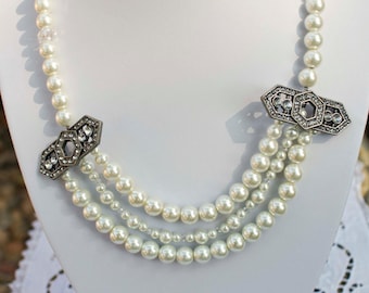 Art Deco Rhinestone & Pearl Necklace - Multi-Strand Wedding Elegance
