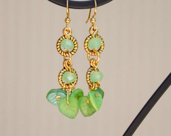 Green Leaves Among Gold - Dangle Earrings with Crystals, Spring Green