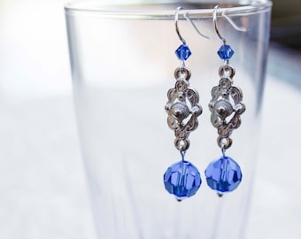 Blue Crystal Art Deco Style Drop Earrings - Elegant, Sapphire, Wedding