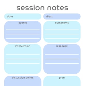 Puede incluir: Una plantilla de notas de sesión blanca con cuadros rectangulares azules claros y azules para notas. La parte superior de la plantilla dice "session notes" en una fuente gris oscuro. Los cuadros están etiquetados como "date", "client", "quotes", "symptoms", "intervention", "response", "discussion points" y "plan".