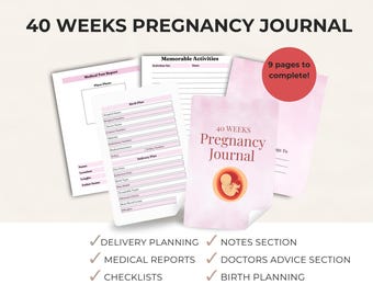May include: A pink and white 40 Weeks Pregnancy Journal with pages for medical reports, birth planning, and memorable activities. The journal includes a notes section, doctor's advice section, and checklists. A red circle indicates "9 pages to complete!"