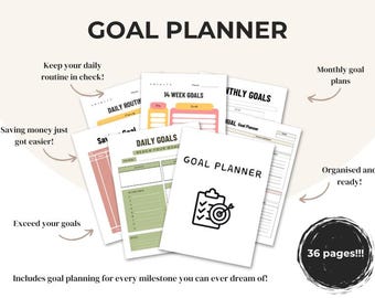 May include: A collection of goal planner pages with the title "GOAL PLANNER". The pages include sections for daily routines, weekly goals, and monthly plans. The image also includes the text "36 pages!!!".