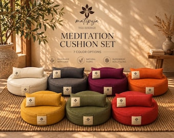 May include: A set of seven round meditation cushions with matching rectangular bolsters in cream, charcoal, purple, orange, yellow, olive green, and red. Each cushion features a fabric label with the text Matipuja Yoga Handmade.