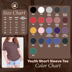 May include: A color chart for youth short sleeve tees, featuring a size chart with measurements in inches and a color palette. Colors include black, white, red, gold, navy, and more. A person is wearing a maroon tee.