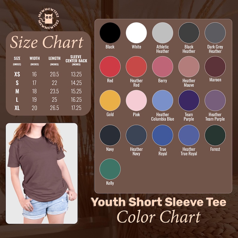 May include: A color chart for youth short sleeve tees, featuring a size chart with measurements in inches and a color palette. Colors include black, white, red, gold, navy, and more. A person is wearing a maroon tee.