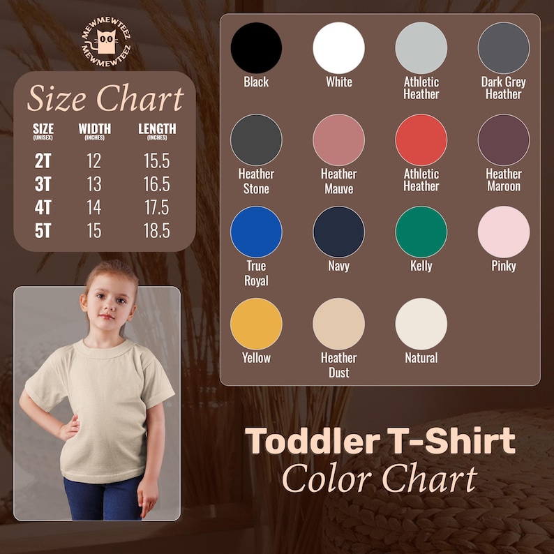 May include: A toddler t-shirt color chart with a young girl wearing a beige t-shirt. The chart displays various colors like black, white, and pink, along with size measurements in inches. The text "Toddler T-Shirt Color Chart" is also visible.