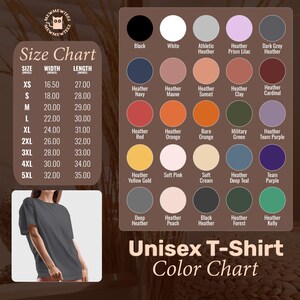 May include: A color chart for unisex t-shirts, featuring a variety of colors like black, white, and heather grey. The chart includes size measurements in inches and a size guide. The text "Unisex T-Shirt Color Chart" is displayed.