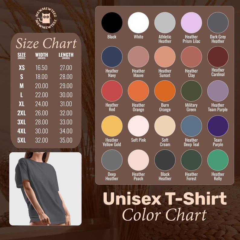 May include: A color chart for unisex t-shirts, featuring a variety of colors like black, white, and heather grey. The chart includes size measurements in inches and a size guide. The text "Unisex T-Shirt Color Chart" is displayed.