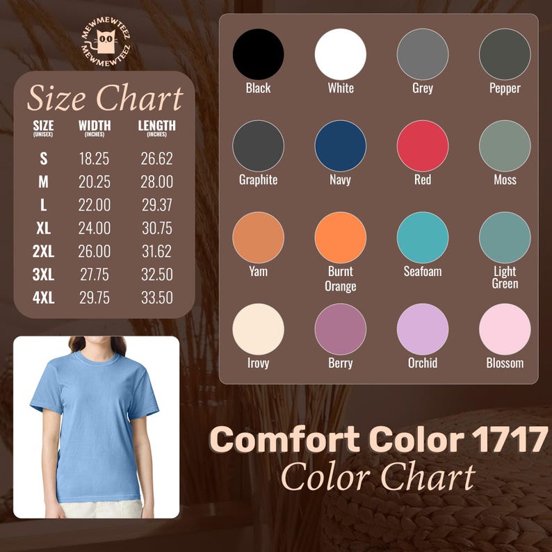 May include: A color chart for Comfort Color 1717 t-shirts, featuring a size chart with measurements in inches. The chart displays various colors, including black, white, navy, red, and seafoam. A light blue t-shirt is shown at the bottom.